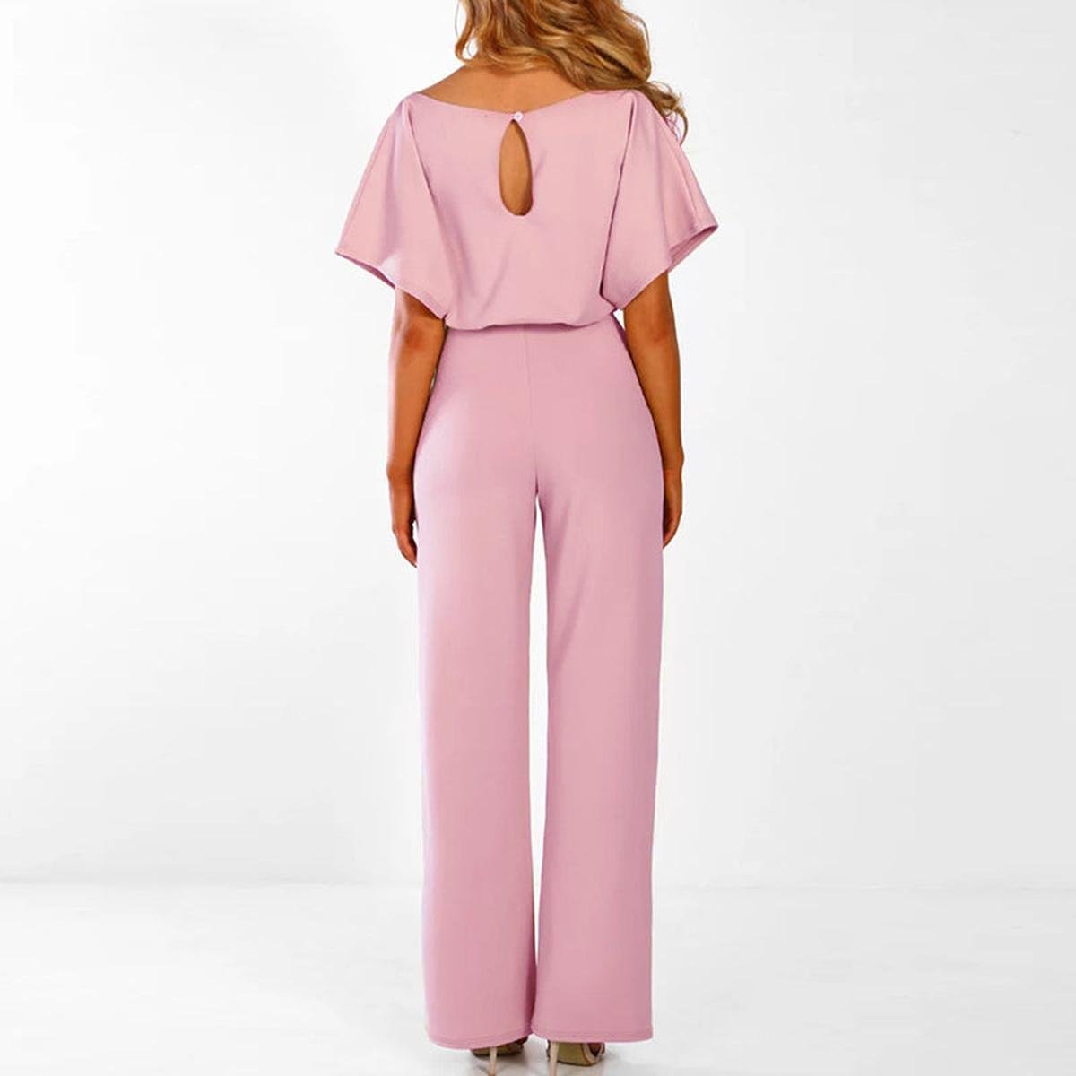 Damen Lässiger Kurzarm-Jumpsuit mit Gürtel und weitem Bein