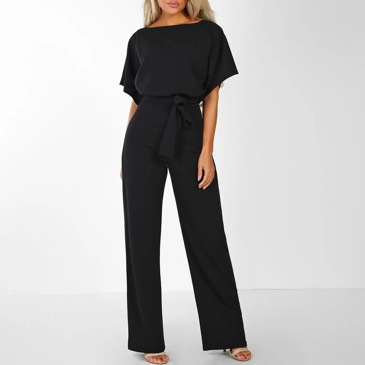 Damen Lässiger Kurzarm-Jumpsuit mit Gürtel und weitem Bein