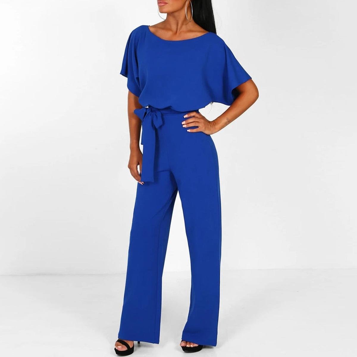Damen Lässiger Kurzarm-Jumpsuit mit Gürtel und weitem Bein