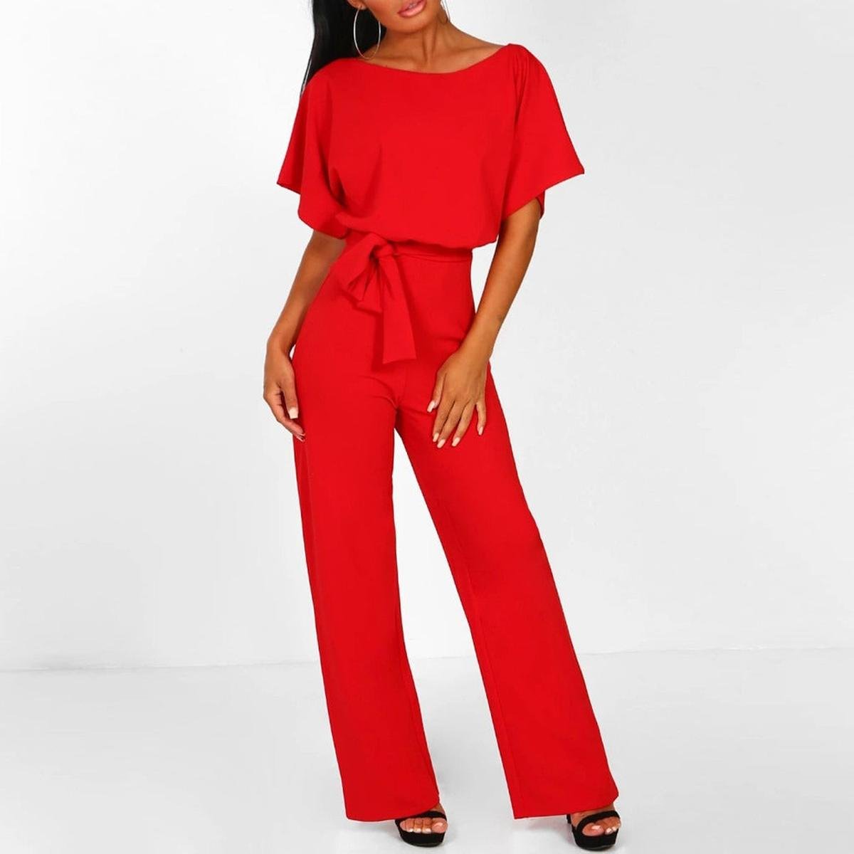 Damen Lässiger Kurzarm-Jumpsuit mit Gürtel und weitem Bein
