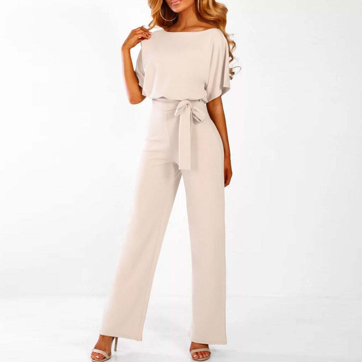 Damen Lässiger Kurzarm-Jumpsuit mit Gürtel und weitem Bein