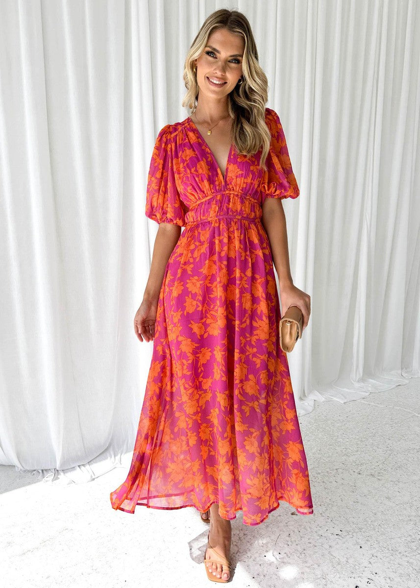 Damen Lässig V-Ausschnitt Blumenmuster Midikleid