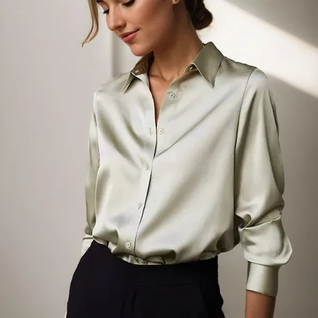 Damen Kragen Knopfleiste Satin Bluse