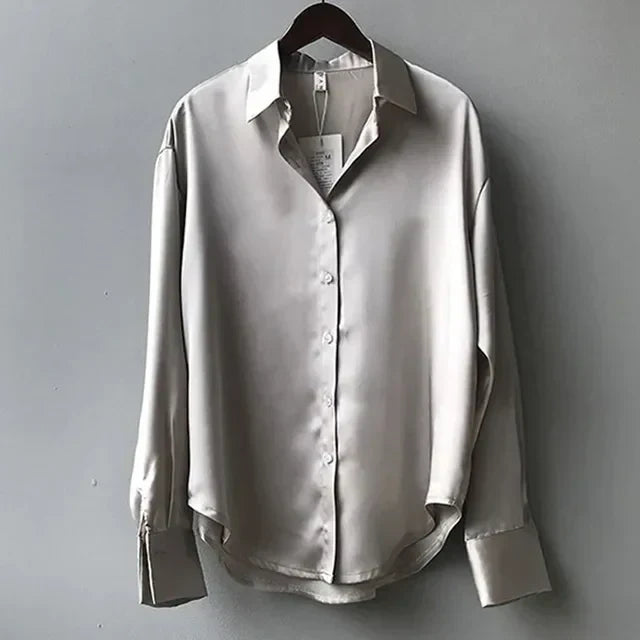 Damen Kragen Knopfleiste Satin Bluse