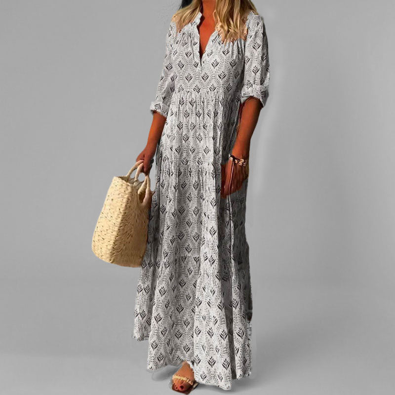 Damen Sommer V-Ausschnitt 3/4 Ärmel Maxikleid