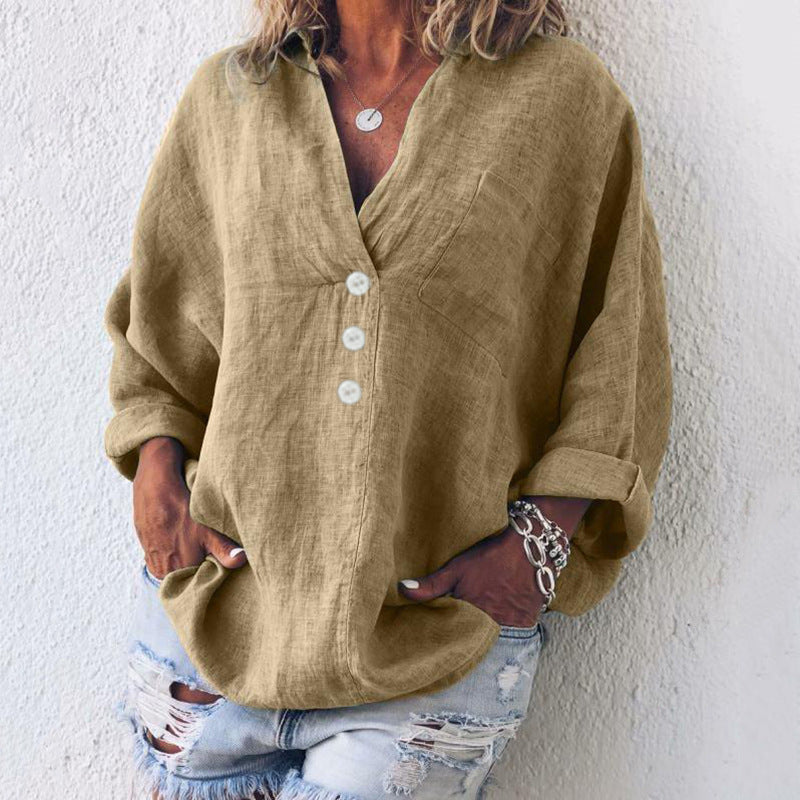 Damen Sommer Knopf V-Ausschnitt Leinen Bluse