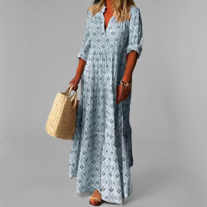 Damen Sommer V-Ausschnitt 3/4 Ärmel Maxikleid