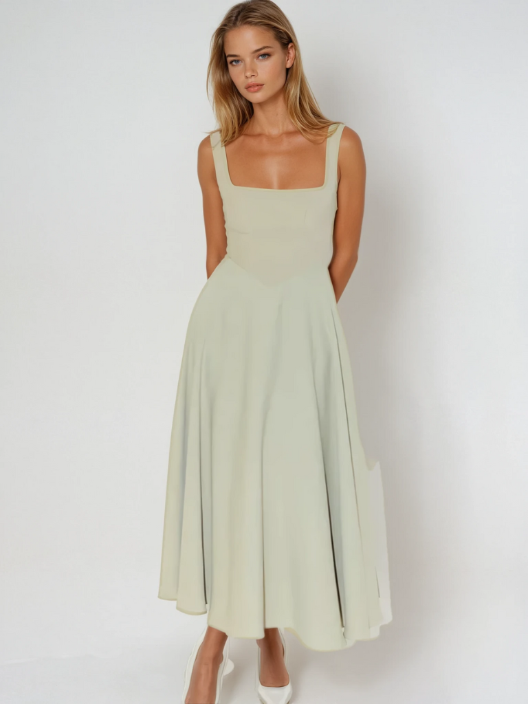 Damen Lässig Ärmelloses Square Neck Midikleid