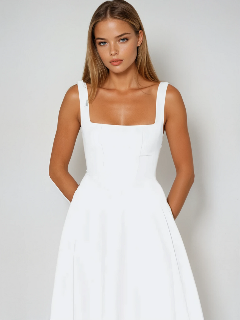 Damen Lässig Ärmelloses Square Neck Midikleid