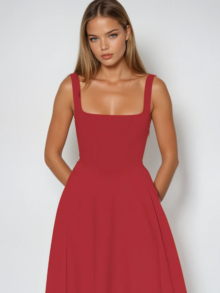 Damen Lässig Ärmelloses Square Neck Midikleid
