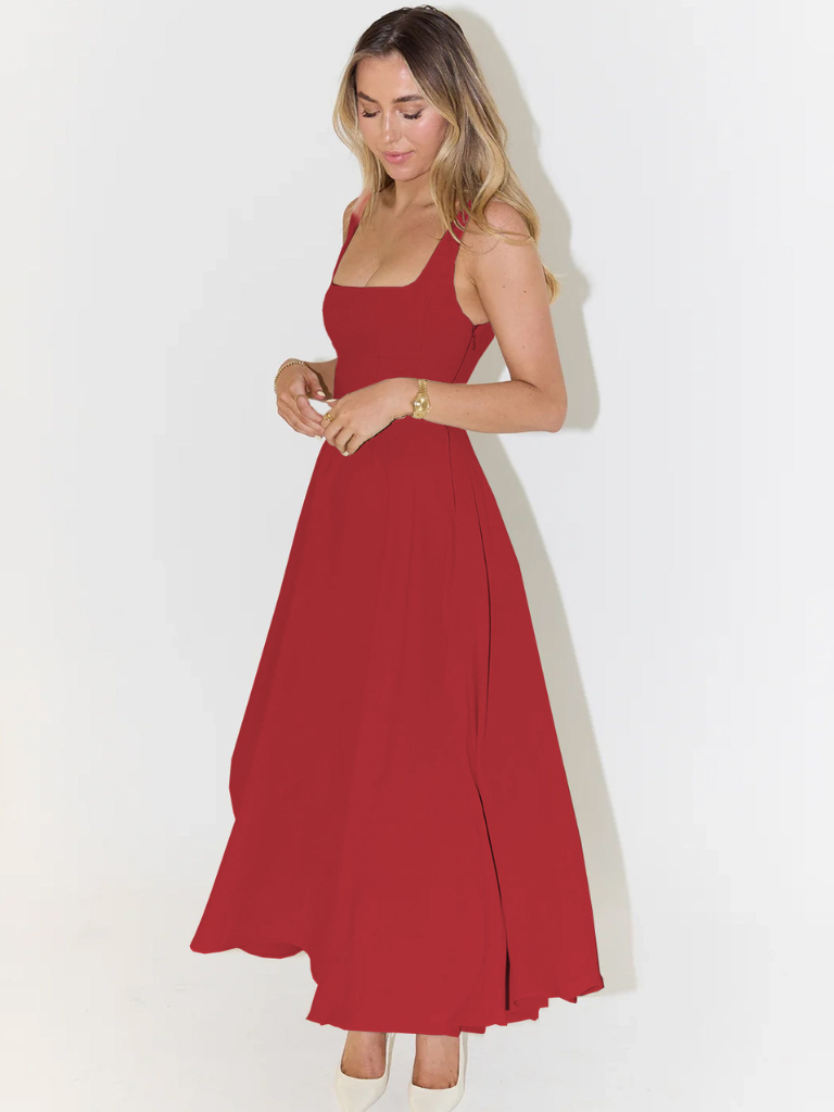 Damen Lässig Ärmelloses Square Neck Midikleid