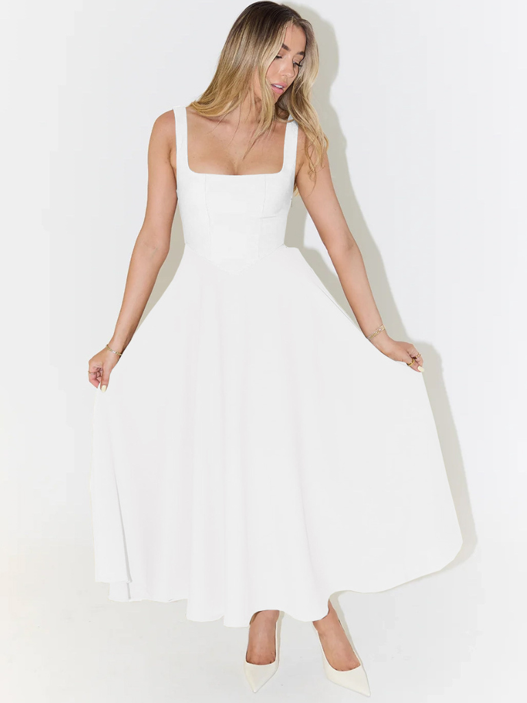 Damen Lässig Ärmelloses Square Neck Midikleid
