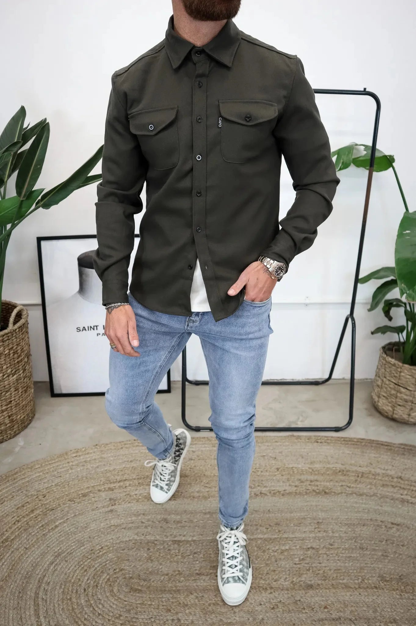Herren Overshirt | Langarm Hemdjacke mit Knopfleiste und Brusttaschen