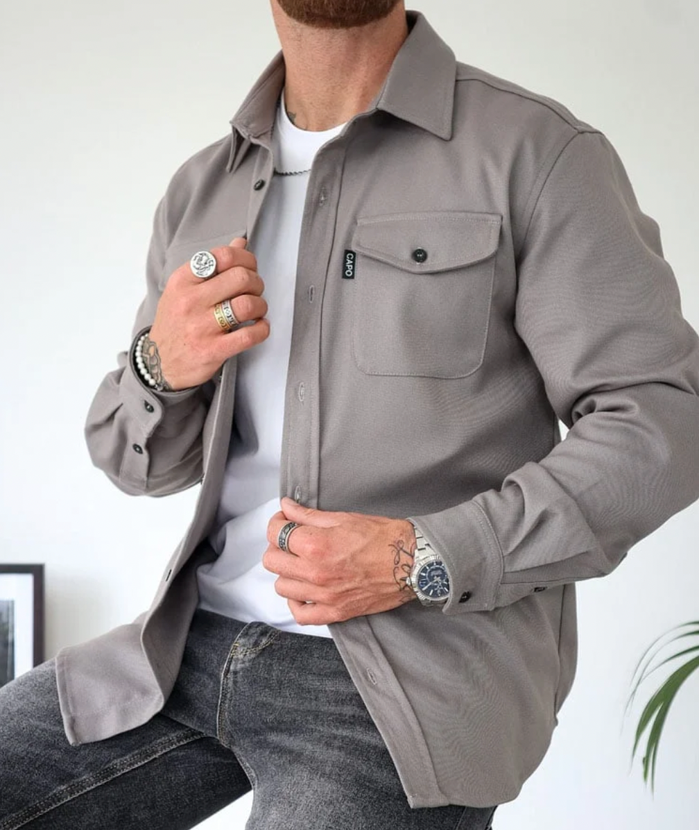 Herren Langarm Overshirt | Hemdjacke mit Knopfleiste und Brusttaschen