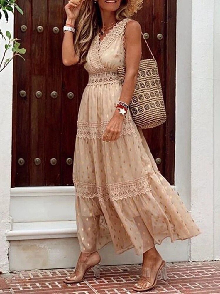 Damen V-Ausschnitt Boho Sommer Kleid