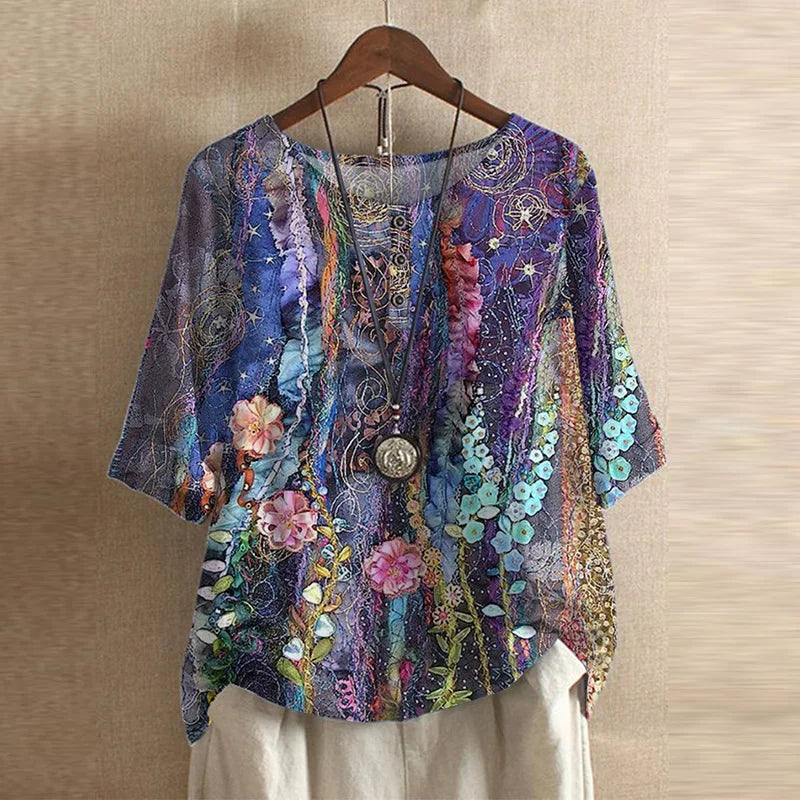 Damen Vintage Bedruckt Kurzarm Bluse