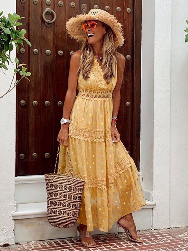 Damen V-Ausschnitt Boho Sommer Kleid