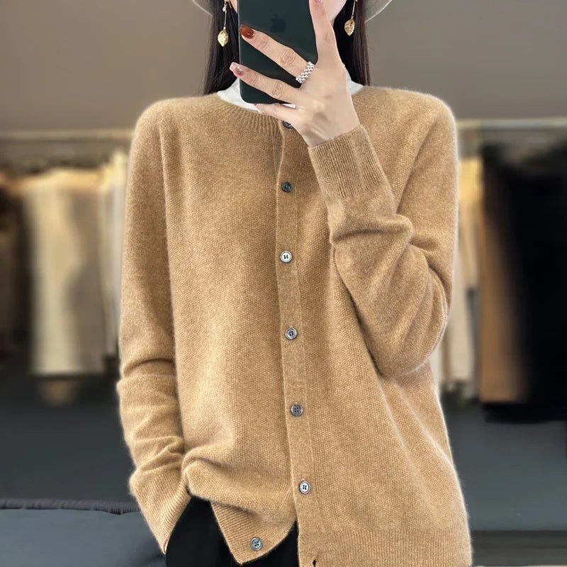 Damen Rundhals Knopfleiste Strick Cardigan