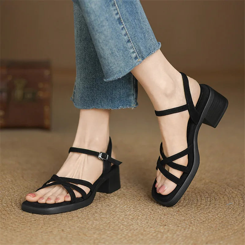 Damen Elegant Blockabsatz Riemchensandalen