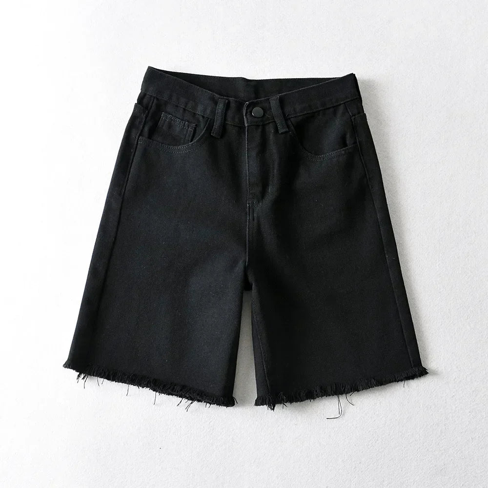 Damen Lässig Hohe Taille Rohsaum Jeans Shorts