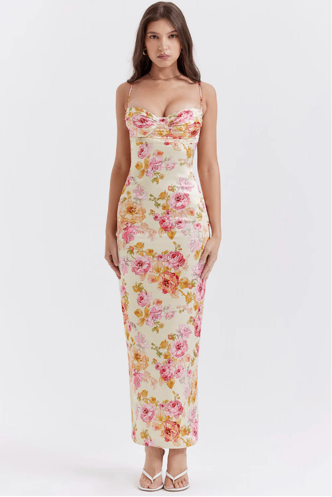 Damen Geblümtes Träger Hochzeitsgast Maxi Kleid