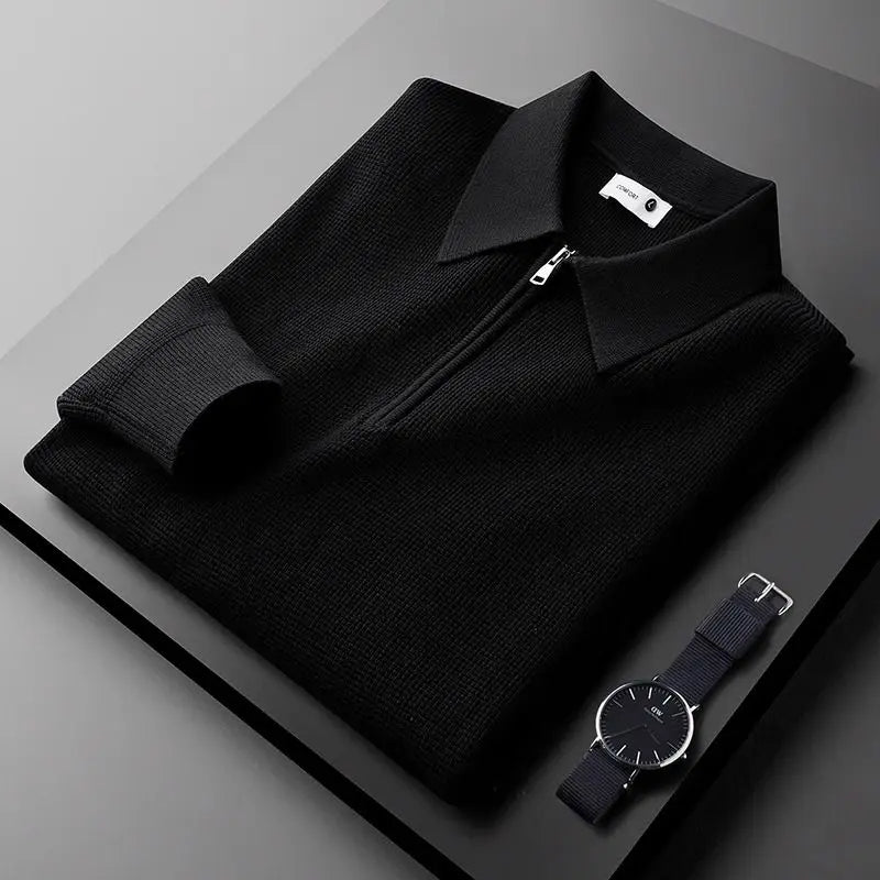Herren Halbreißverschluss Slim Fit Strick-Poloshirt