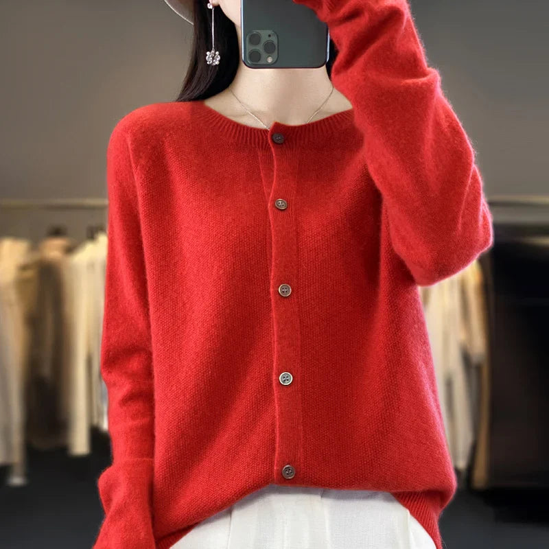 Damen Rundhals Knopfleiste Strick Cardigan