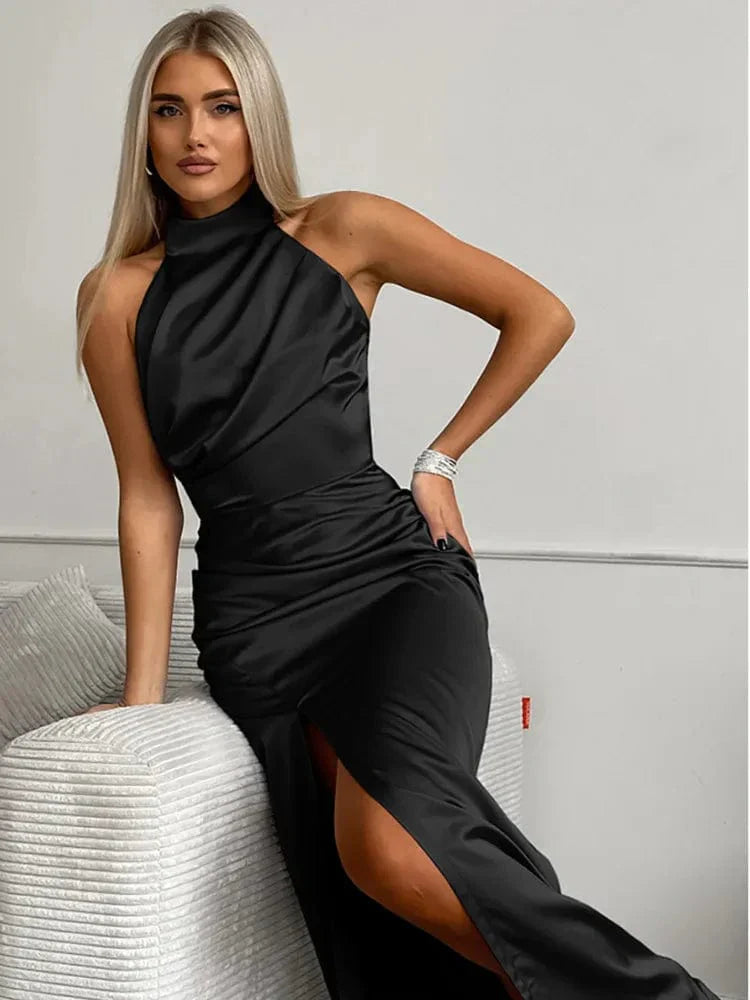 Damen Elegant Satin Halterneck Maxi Kleid