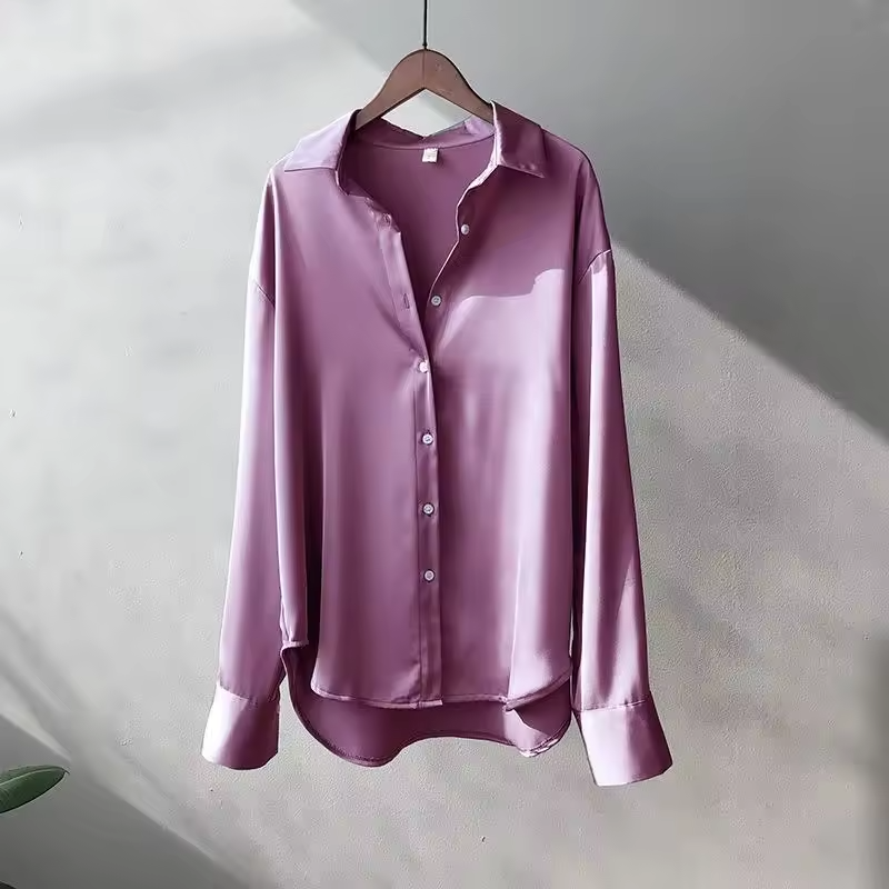 Damen Knopfleiste Sommer Satin Bluse
