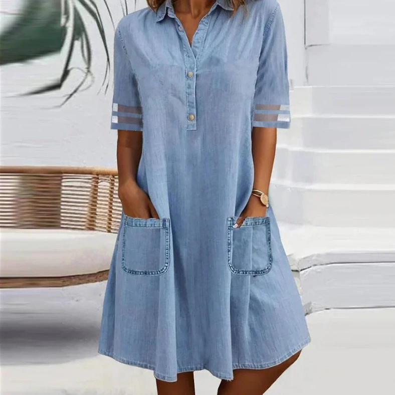 Damen Kurzarm Denim Sommer Midikleid