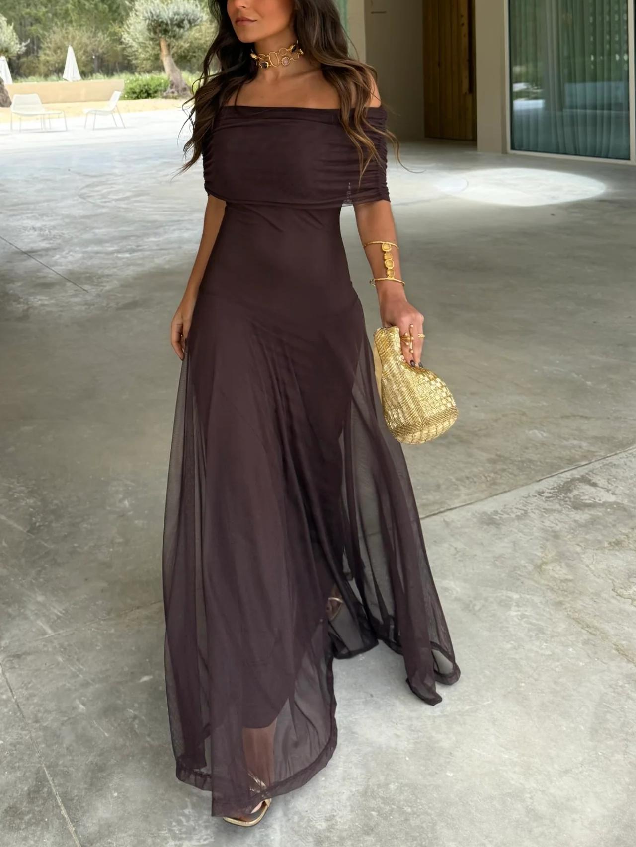Damen Sommer Off Shoulder Maxi Trägerkleid