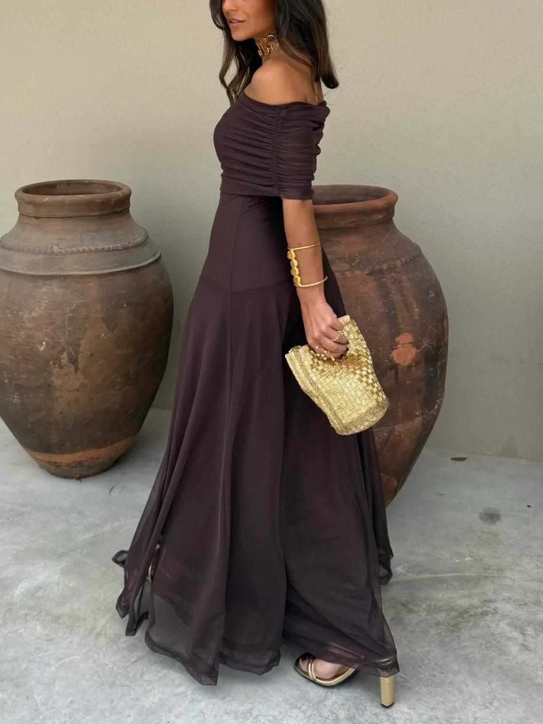 Damen Sommer Off Shoulder Maxi Trägerkleid