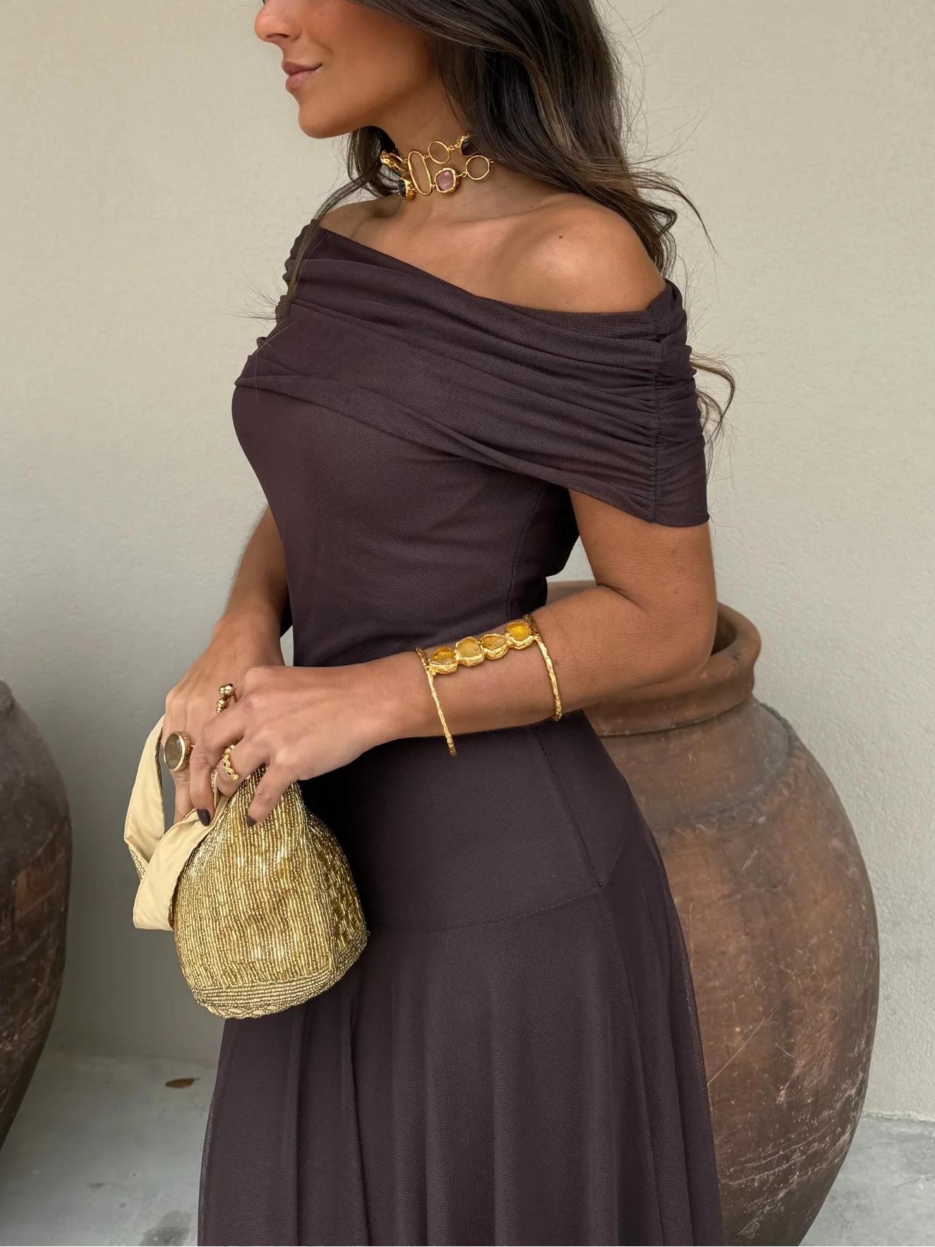 Damen Sommer Off Shoulder Maxi Trägerkleid