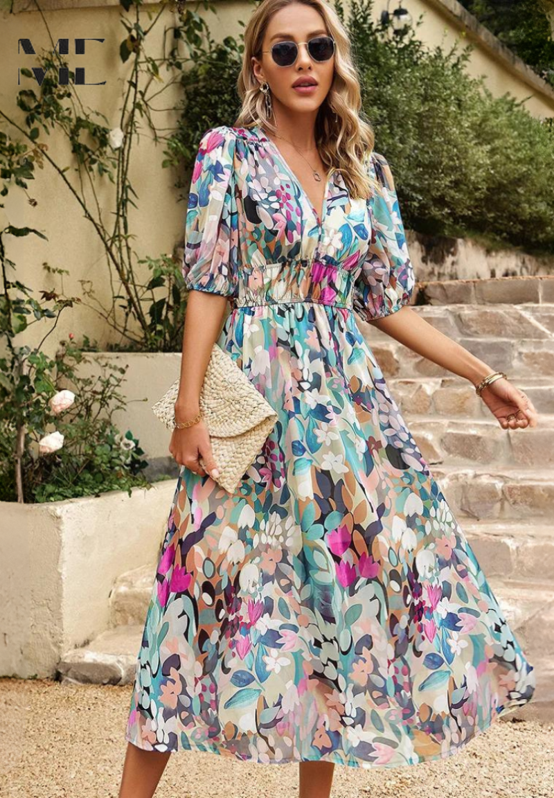 Damen Elegantes Blumenmuster Midikleid