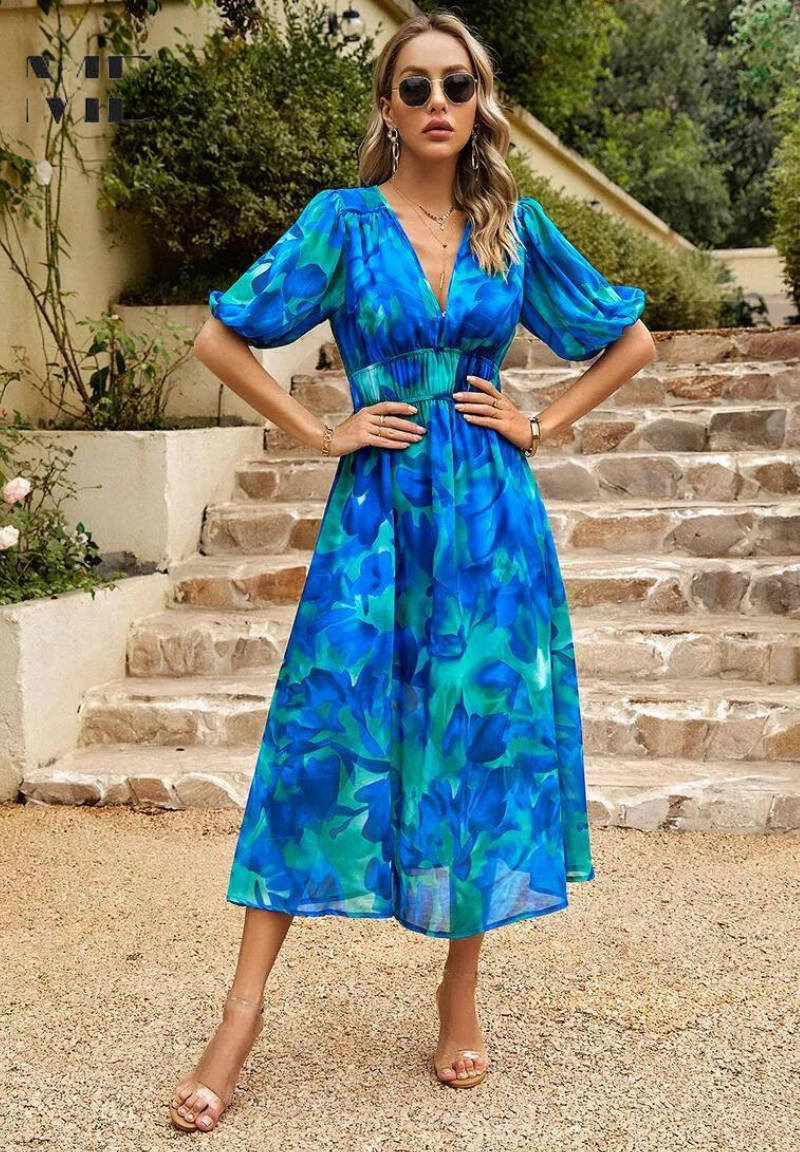 Damen Elegantes Blumenmuster Midikleid