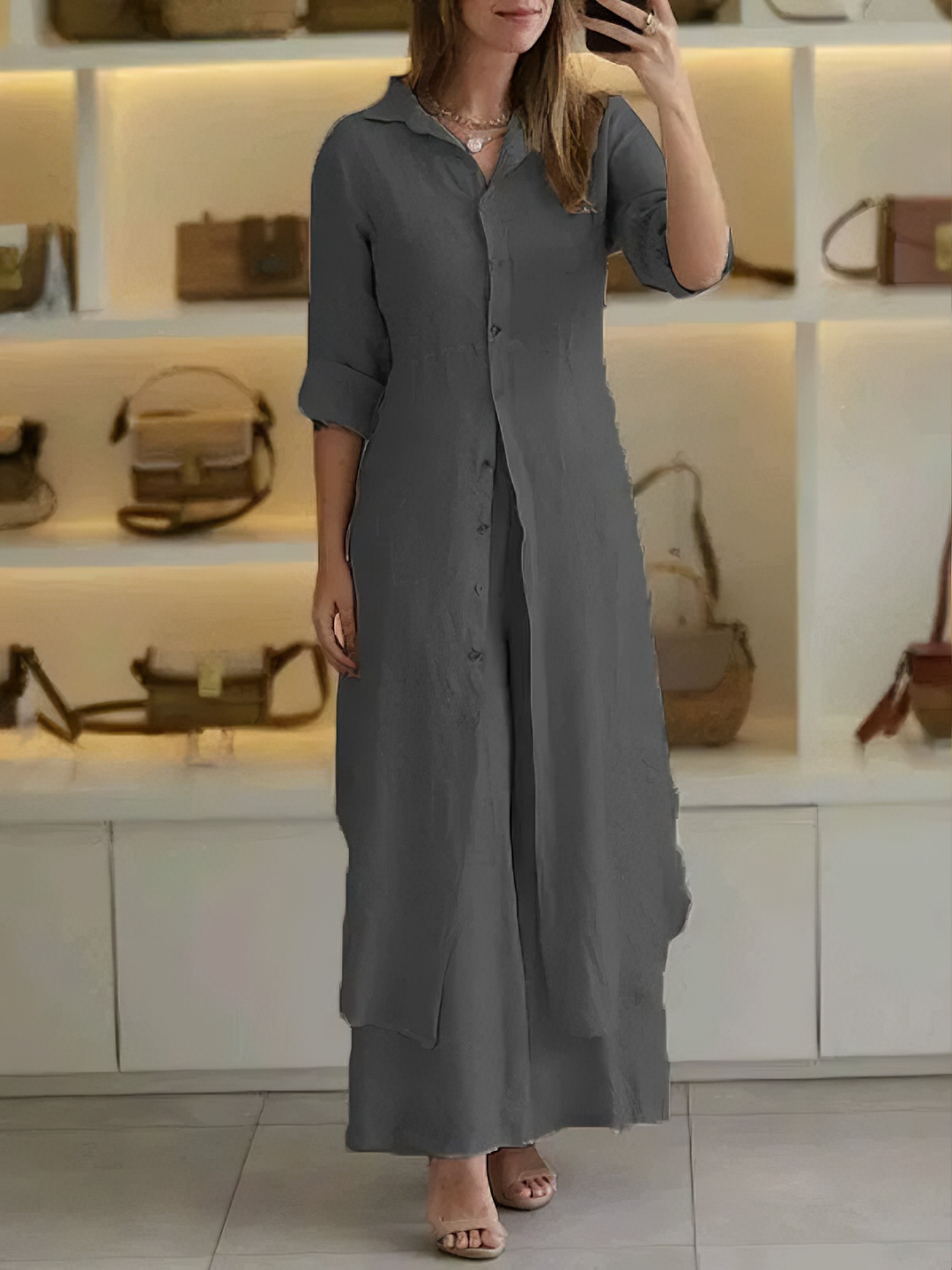 Damen Lässig Knopfleiste Lagenlook Blusenkleid Set