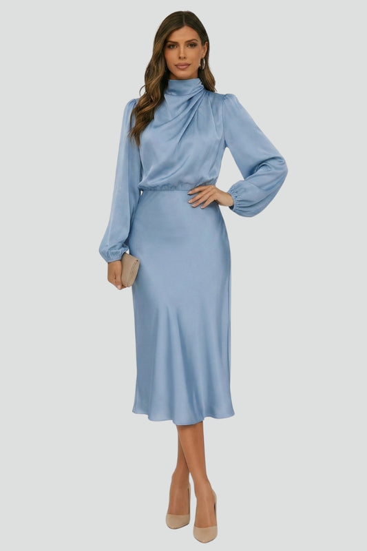 Damen Elegantes Langarm Hochzeitsgast Midi Kleid