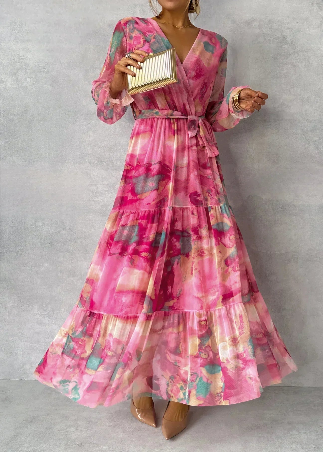 Damen Wickeloptik Sommer Geblümtes Maxikleid