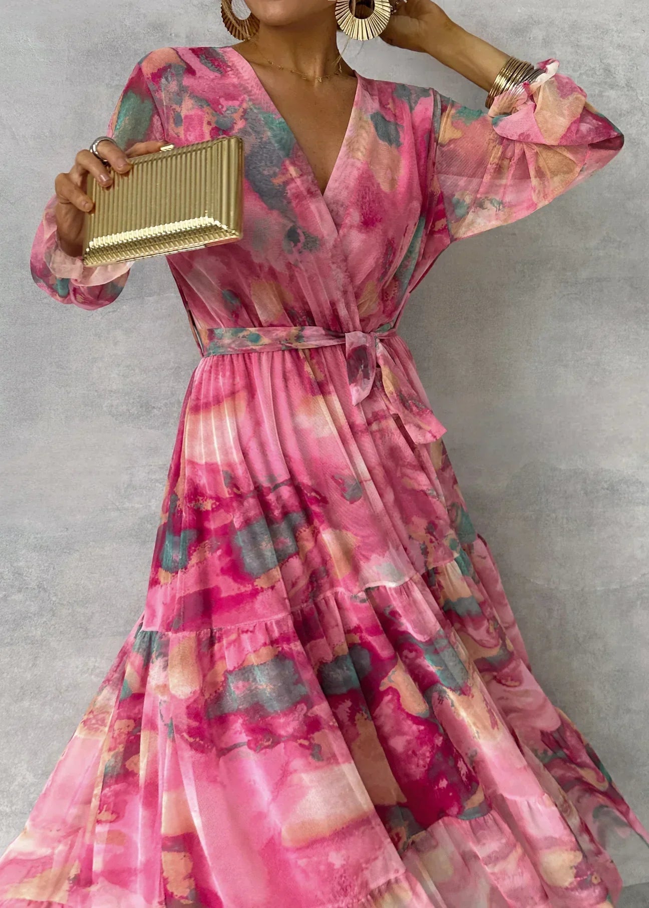 Damen Wickeloptik Sommer Geblümtes Maxikleid
