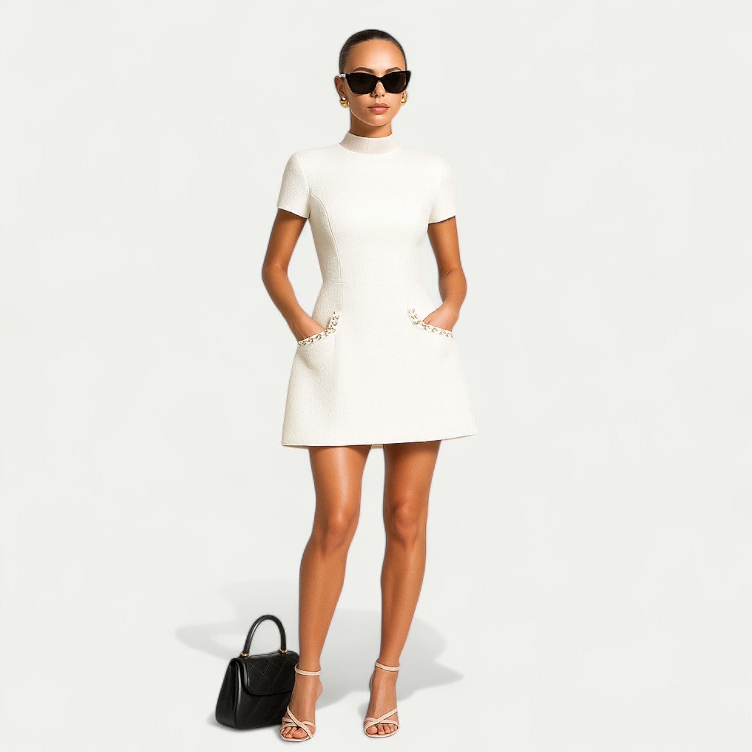 Damen Mini Kleid mit Perlenbesatz und Taschendetails
