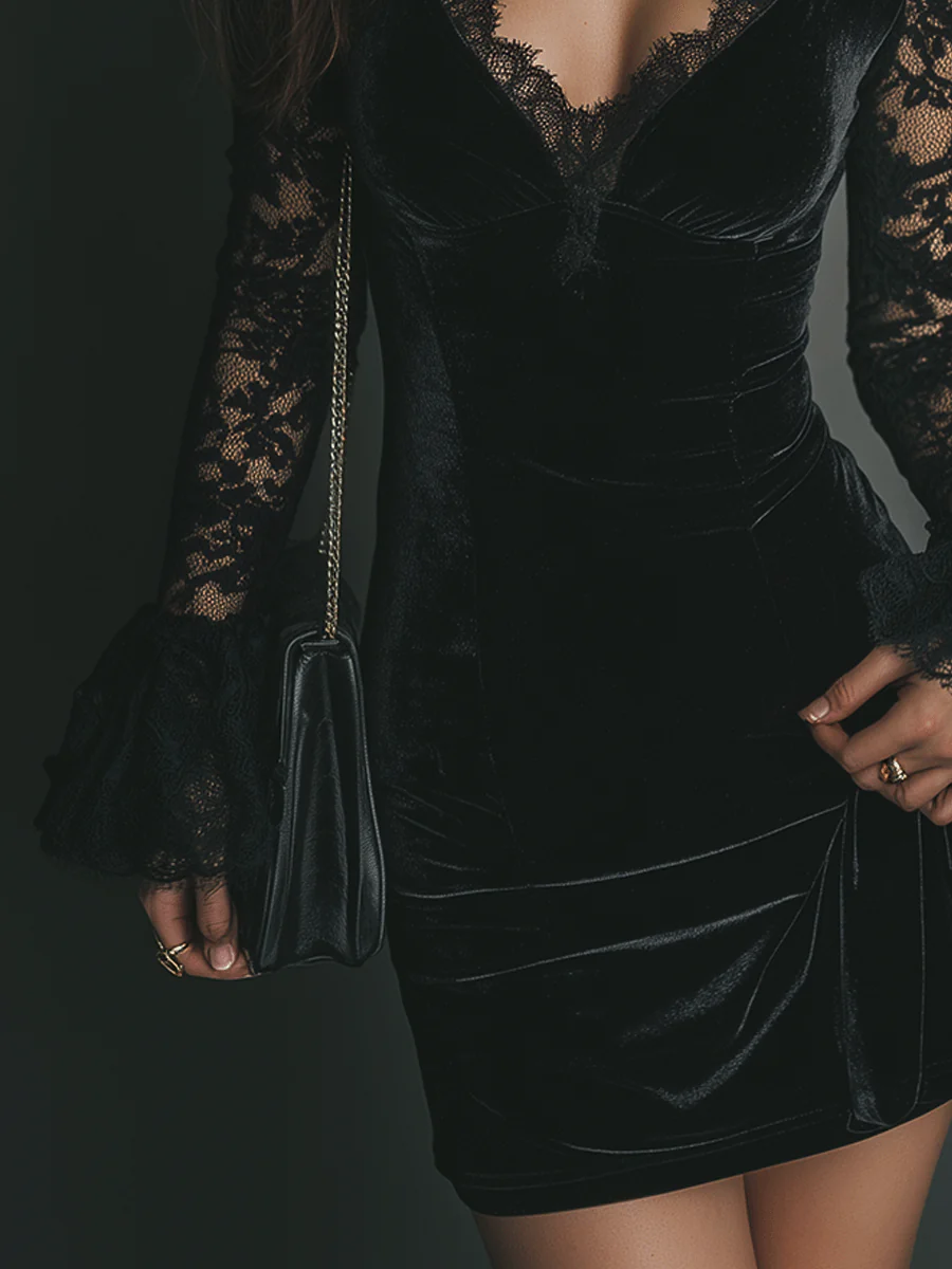Damen Sommer Spitze Ärmel V-Ausschnitt Minikleid