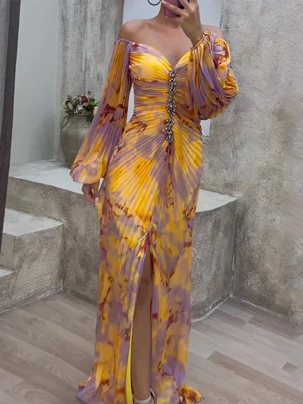 Damen Geblümtes V-Ausschnitt Langarm Maxi Sommerkleid
