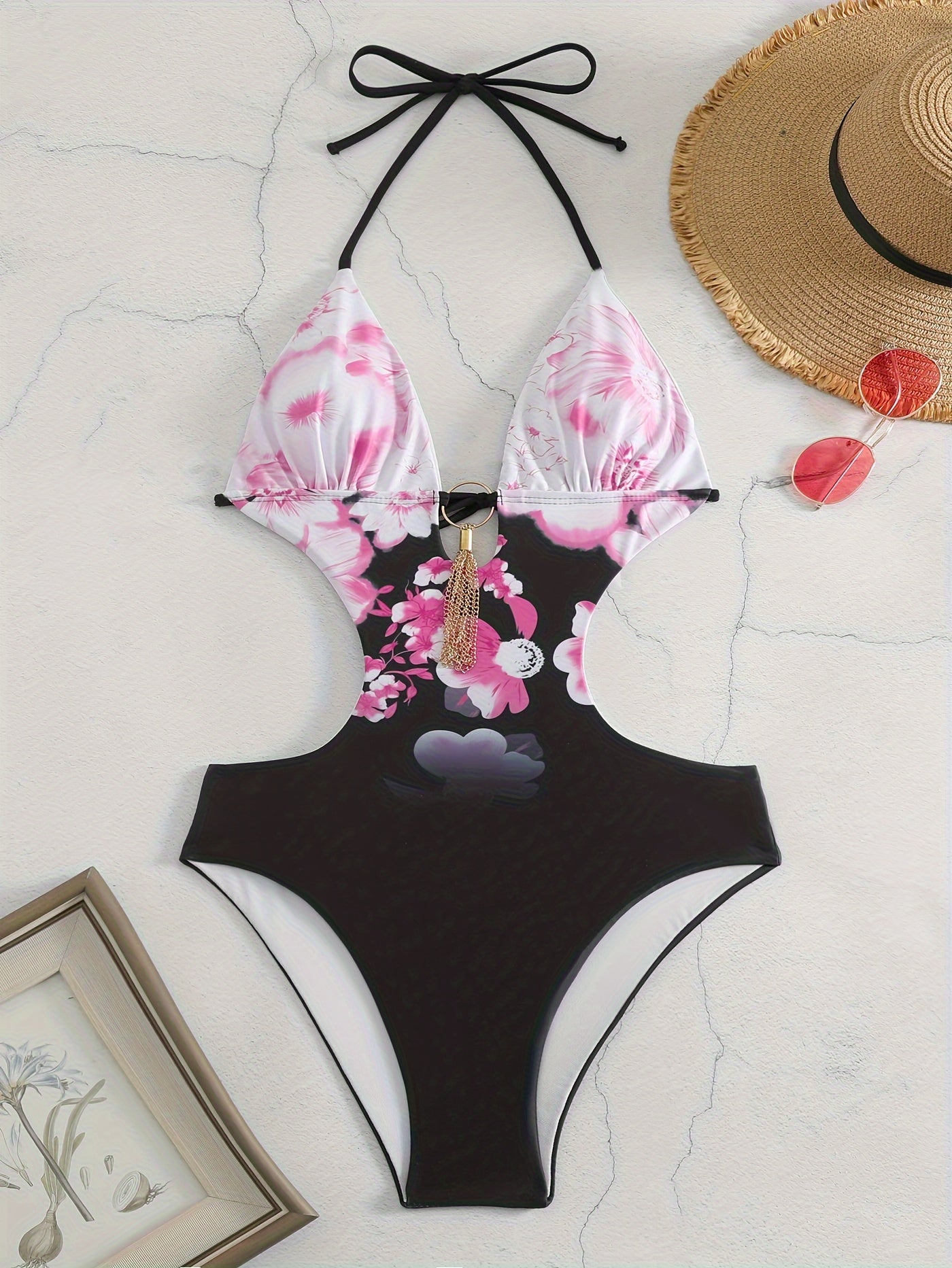Damen Sommer Halter Cut-Out Monokini Badeanzug