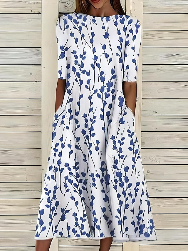 Damen Sommer Print Lockerer Schnitt Midikleid