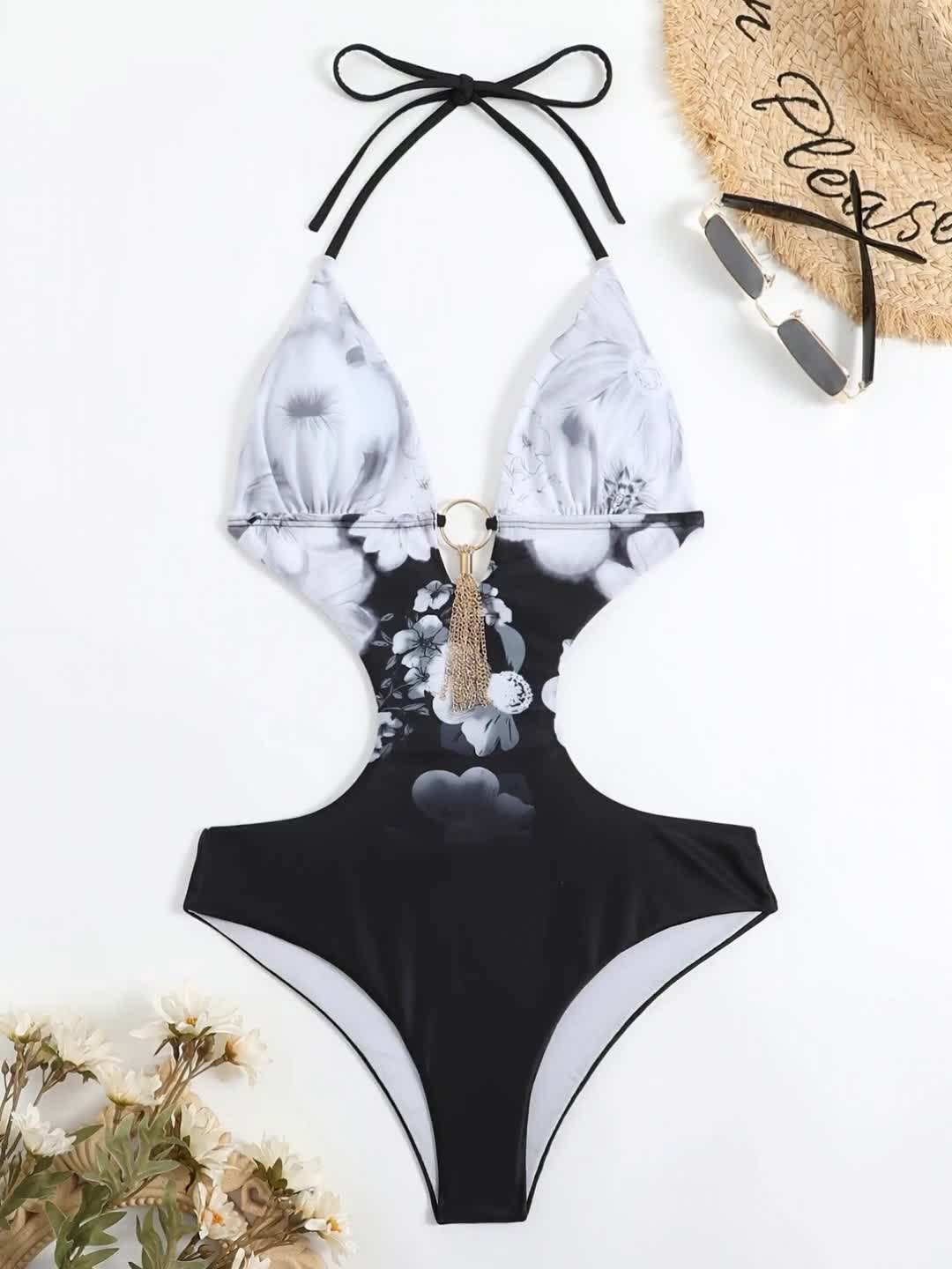Damen Sommer Halter Cut-Out Monokini Badeanzug