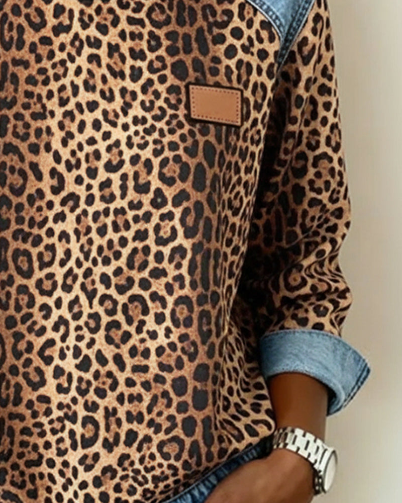 Damen Lässig Leopardenmuster Rundhals Pullover
