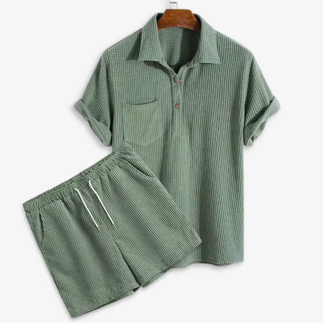 Herren Sommer Waffel Poloshirt und Short Set mit drawstring