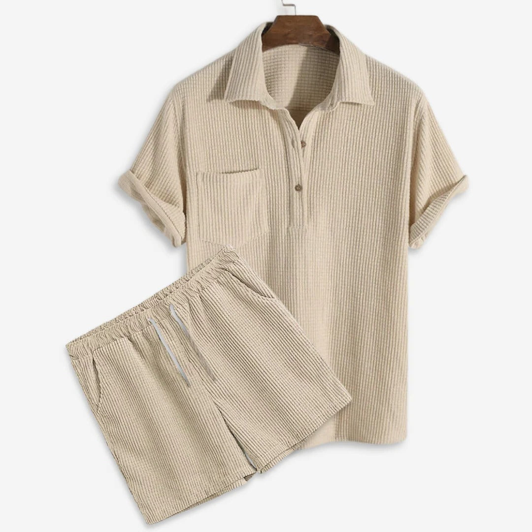 Herren Sommer Waffel Poloshirt und Short Set mit drawstring