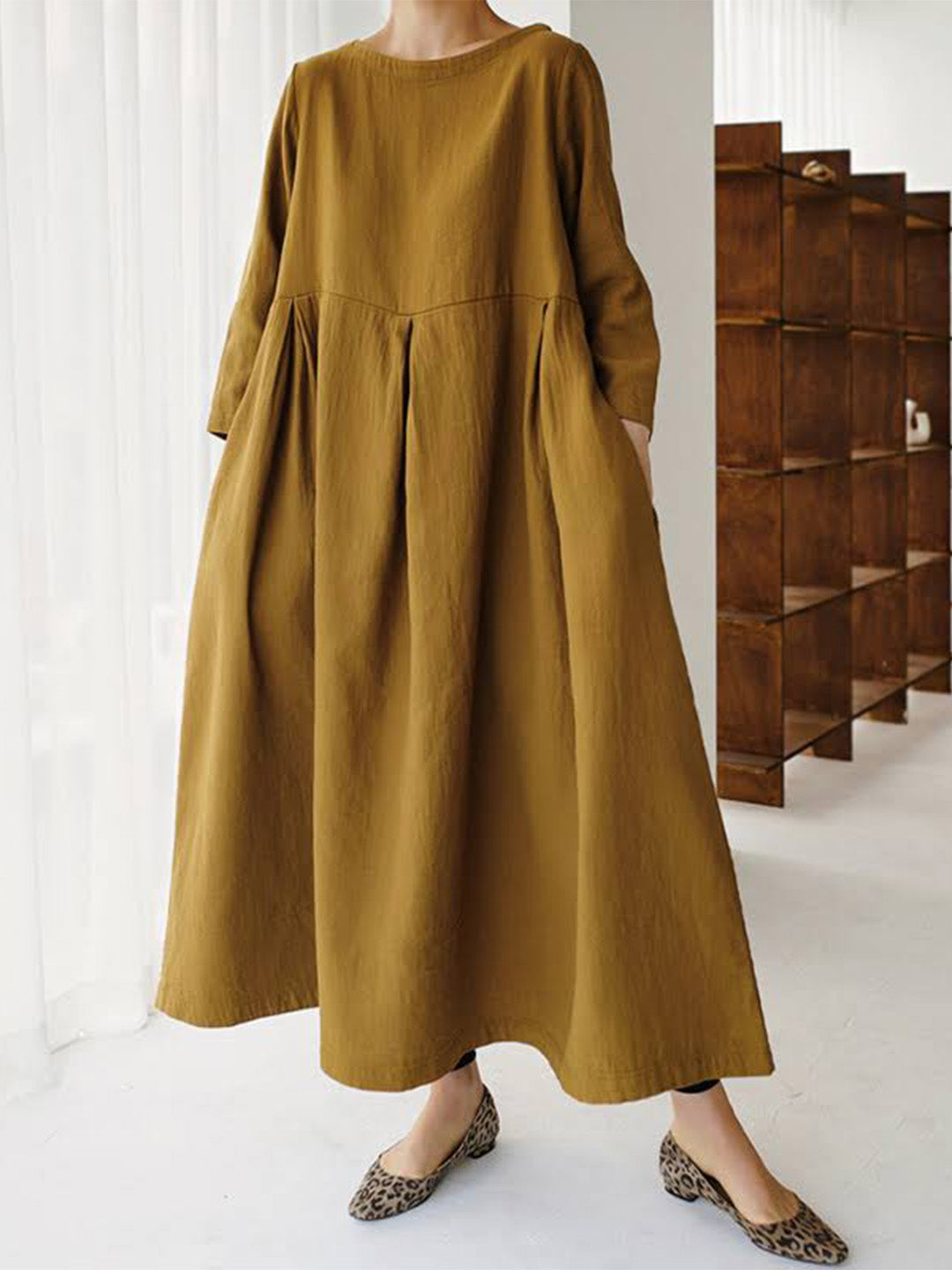 Damen Sommer Langarm Leinen Maxikleid