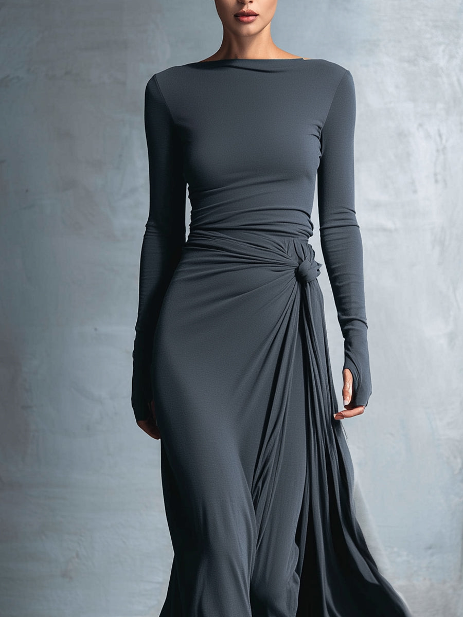 Damen Lässig Langarm Drapiertes Maxikleid